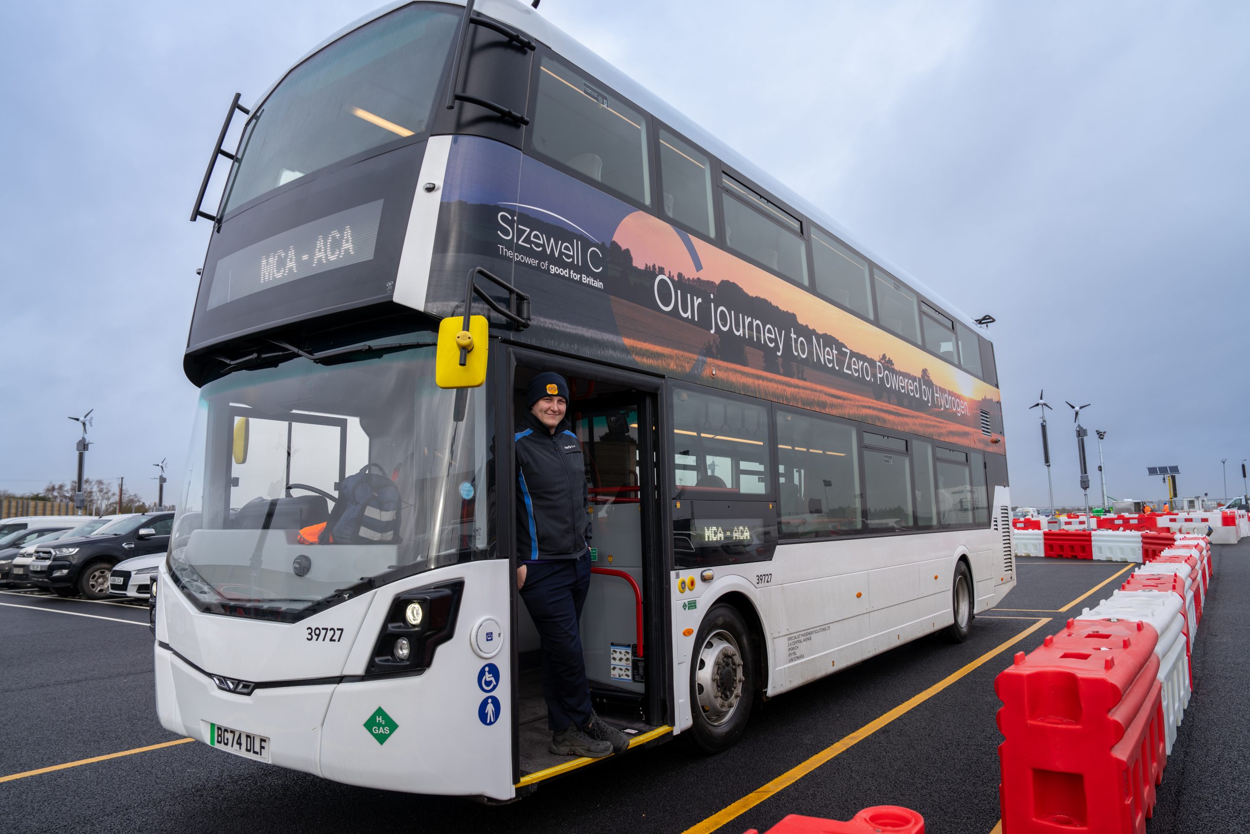 Hydrogen buses at Sizewell C in Suffolk